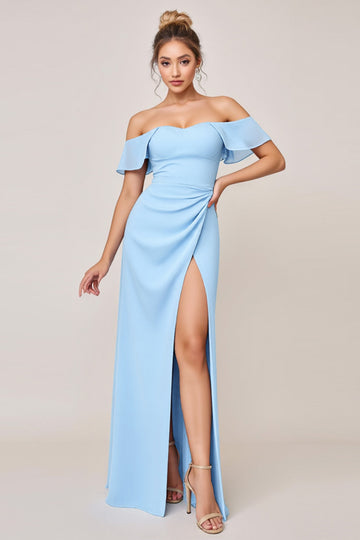 Sky Blue Sheath Off the Shoulder Long Bridesmaid Dress with Slit